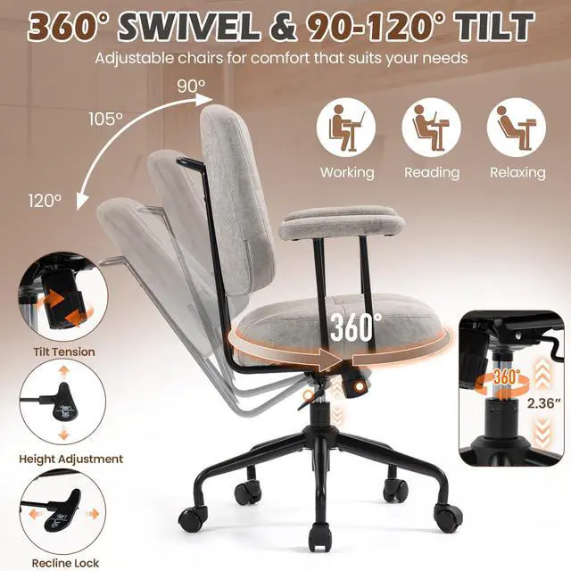 Alt view image 3 of 6 - Home Office Chair, Adjustable Faux Leather Desk Chair for Home Office, Mid Century Modern Comfy Computer Chair with Wheels, Upholstered Desk Chair with Armrests for Home Office, Grey