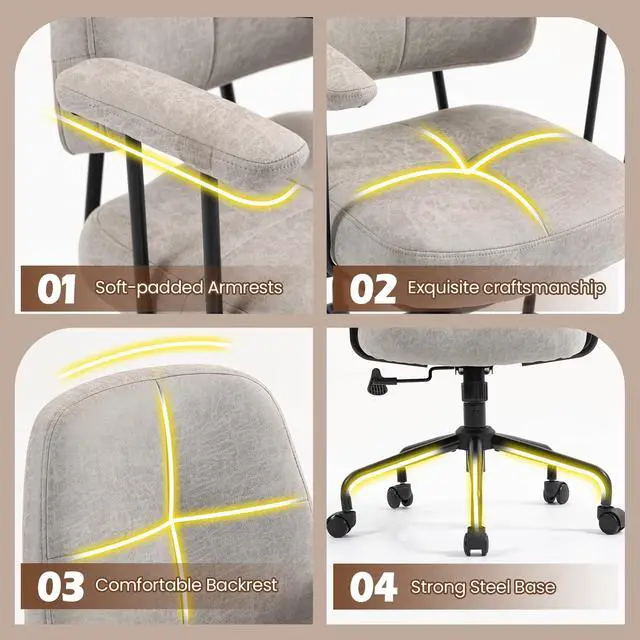 Alt view image 4 of 6 - Home Office Chair, Adjustable Faux Leather Desk Chair for Home Office, Mid Century Modern Comfy Computer Chair with Wheels, Upholstered Desk Chair with Armrests for Home Office, Grey