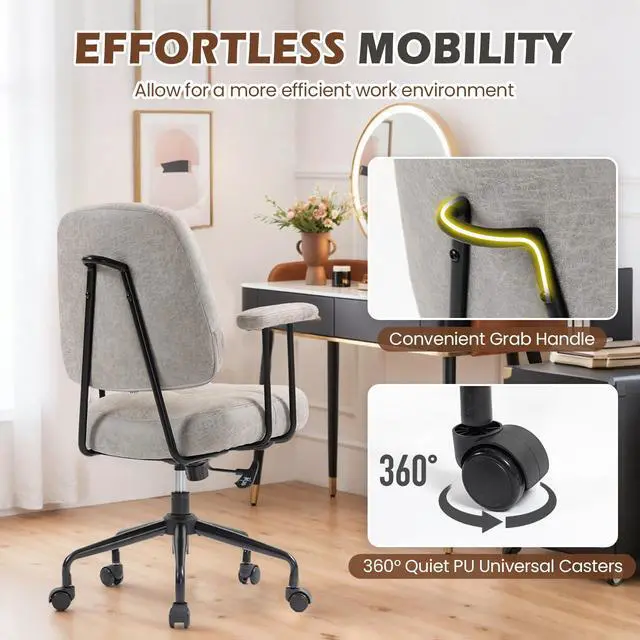 Alt view image 5 of 6 - Home Office Chair, Adjustable Faux Leather Desk Chair for Home Office, Mid Century Modern Comfy Computer Chair with Wheels, Upholstered Desk Chair with Armrests for Home Office, Grey