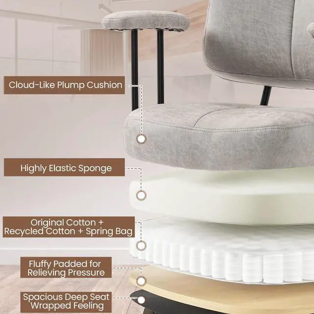 Alt view image 6 of 6 - Home Office Chair, Adjustable Faux Leather Desk Chair for Home Office, Mid Century Modern Comfy Computer Chair with Wheels, Upholstered Desk Chair with Armrests for Home Office, Grey