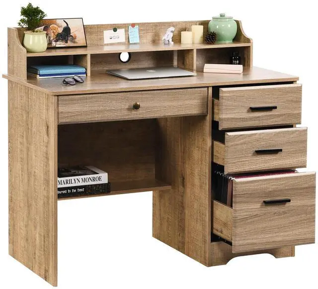 Main image of Computer Desk with 4 Drawers and Storage, Small Office Desk with File Drawers and Hutch, Farmhouse Wood Writing Student Table for Home Office, Bedroom, Wooden Grey