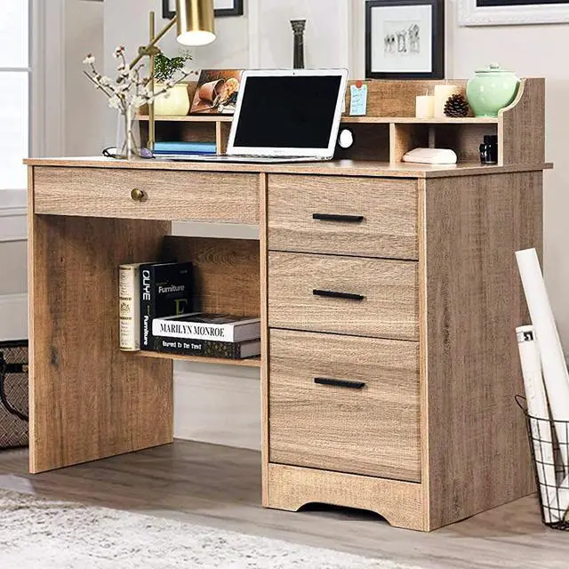 Alt view image 2 of 6 - Computer Desk with 4 Drawers and Storage, Small Office Desk with File Drawers and Hutch, Farmhouse Wood Writing Student Table for Home Office, Bedroom, Wooden Grey
