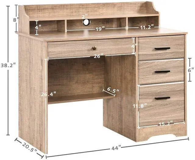 Alt view image 3 of 6 - Computer Desk with 4 Drawers and Storage, Small Office Desk with File Drawers and Hutch, Farmhouse Wood Writing Student Table for Home Office, Bedroom, Wooden Grey