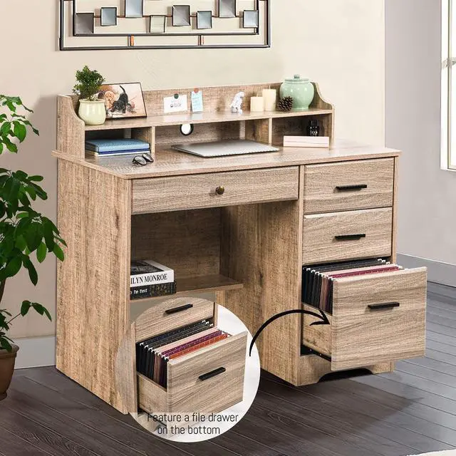 Alt view image 4 of 6 - Computer Desk with 4 Drawers and Storage, Small Office Desk with File Drawers and Hutch, Farmhouse Wood Writing Student Table for Home Office, Bedroom, Wooden Grey