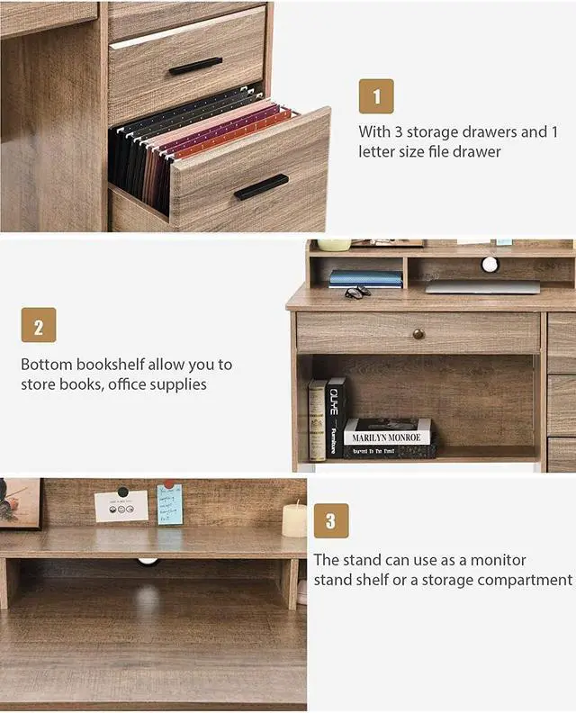 Alt view image 5 of 6 - Computer Desk with 4 Drawers and Storage, Small Office Desk with File Drawers and Hutch, Farmhouse Wood Writing Student Table for Home Office, Bedroom, Wooden Grey