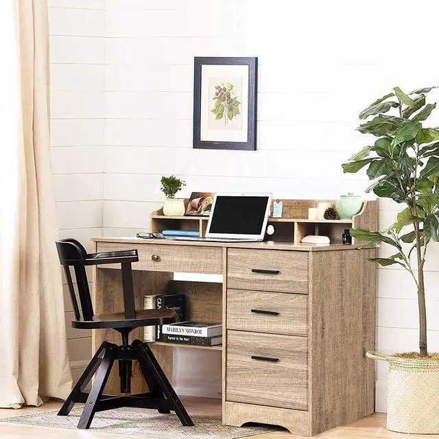 Alt view image 6 of 6 - Computer Desk with 4 Drawers and Storage, Small Office Desk with File Drawers and Hutch, Farmhouse Wood Writing Student Table for Home Office, Bedroom, Wooden Grey