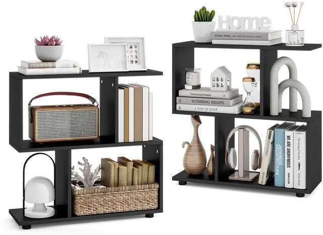 Main image of 3-Tier Geometric Bookshelf Set of 2, S-Shaped Open Bookcase, Freestanding Decorative Storage Shelving, Home Storage Organizer for Living Room, Bedroom, Home Office (2, Black)