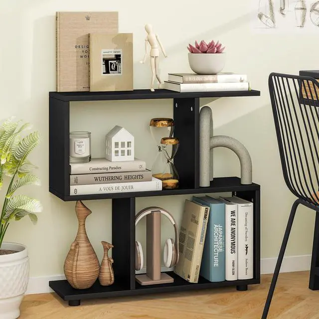 Alt view image 2 of 6 - 3-Tier Geometric Bookshelf Set of 2, S-Shaped Open Bookcase, Freestanding Decorative Storage Shelving, Home Storage Organizer for Living Room, Bedroom, Home Office (2, Black)