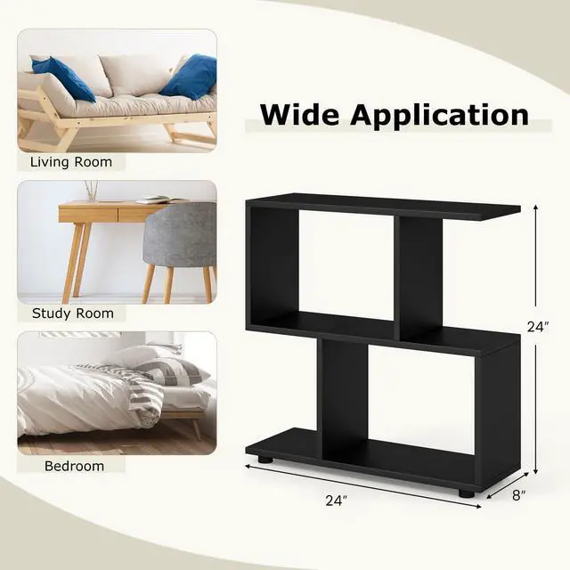 Alt view image 3 of 6 - 3-Tier Geometric Bookshelf Set of 2, S-Shaped Open Bookcase, Freestanding Decorative Storage Shelving, Home Storage Organizer for Living Room, Bedroom, Home Office (2, Black)