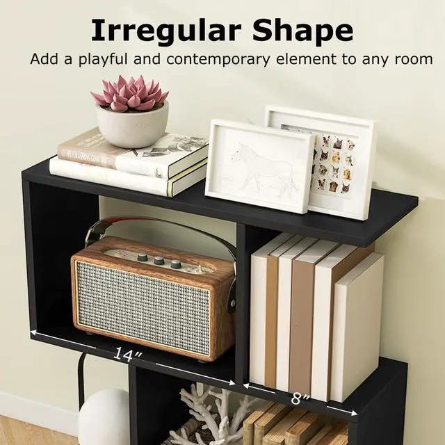 Alt view image 4 of 6 - 3-Tier Geometric Bookshelf Set of 2, S-Shaped Open Bookcase, Freestanding Decorative Storage Shelving, Home Storage Organizer for Living Room, Bedroom, Home Office (2, Black)