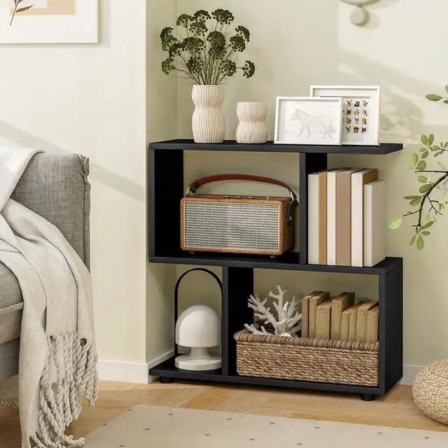 Alt view image 6 of 6 - 3-Tier Geometric Bookshelf Set of 2, S-Shaped Open Bookcase, Freestanding Decorative Storage Shelving, Home Storage Organizer for Living Room, Bedroom, Home Office (2, Black)