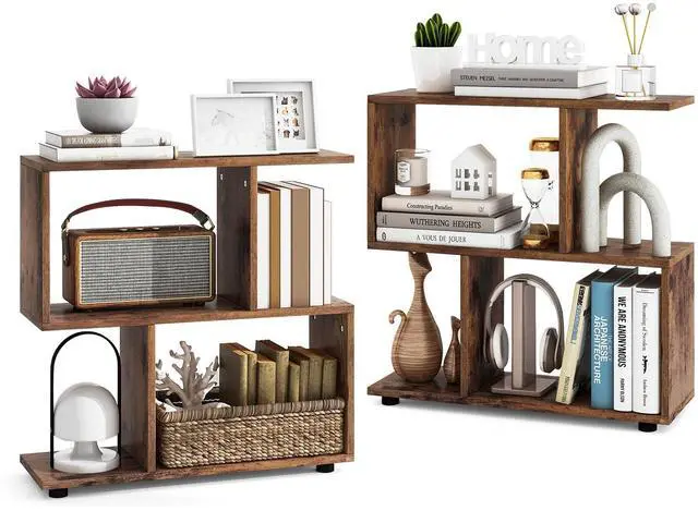 Main image of 3-Tier Geometric Bookshelf Set of 2, S-Shaped Open Bookcase, Freestanding Decorative Storage Shelving, Home Storage Organizer for Living Room, Bedroom, Home Office (2, Rustic Brown)