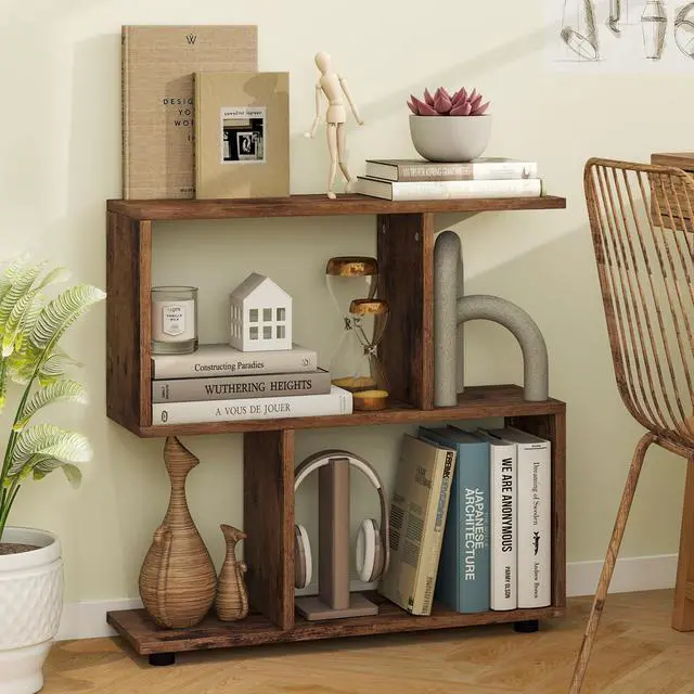 Alt view image 2 of 6 - 3-Tier Geometric Bookshelf Set of 2, S-Shaped Open Bookcase, Freestanding Decorative Storage Shelving, Home Storage Organizer for Living Room, Bedroom, Home Office (2, Rustic Brown)