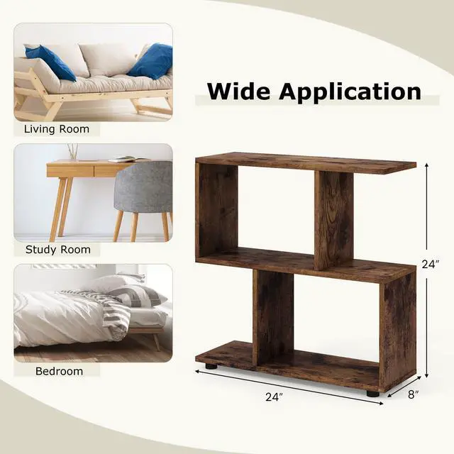 Alt view image 3 of 6 - 3-Tier Geometric Bookshelf Set of 2, S-Shaped Open Bookcase, Freestanding Decorative Storage Shelving, Home Storage Organizer for Living Room, Bedroom, Home Office (2, Rustic Brown)