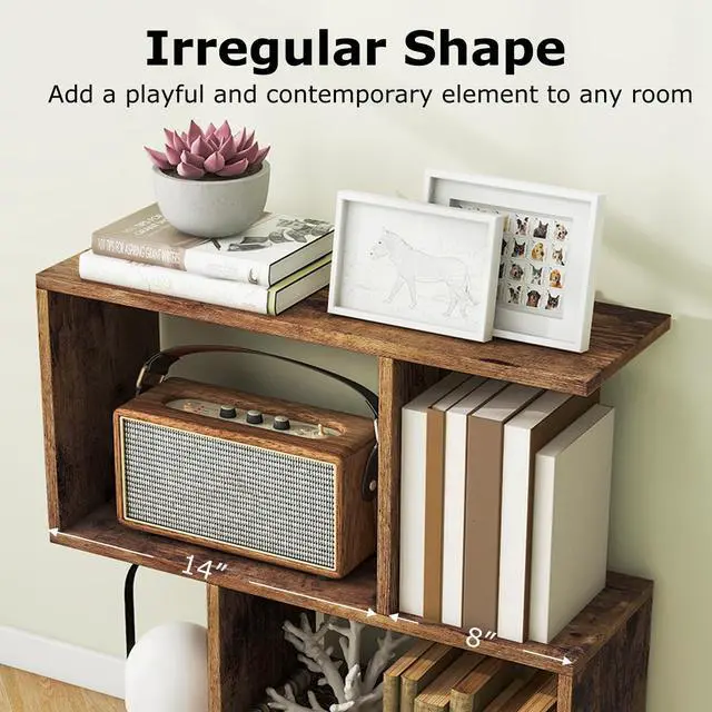Alt view image 4 of 6 - 3-Tier Geometric Bookshelf Set of 2, S-Shaped Open Bookcase, Freestanding Decorative Storage Shelving, Home Storage Organizer for Living Room, Bedroom, Home Office (2, Rustic Brown)