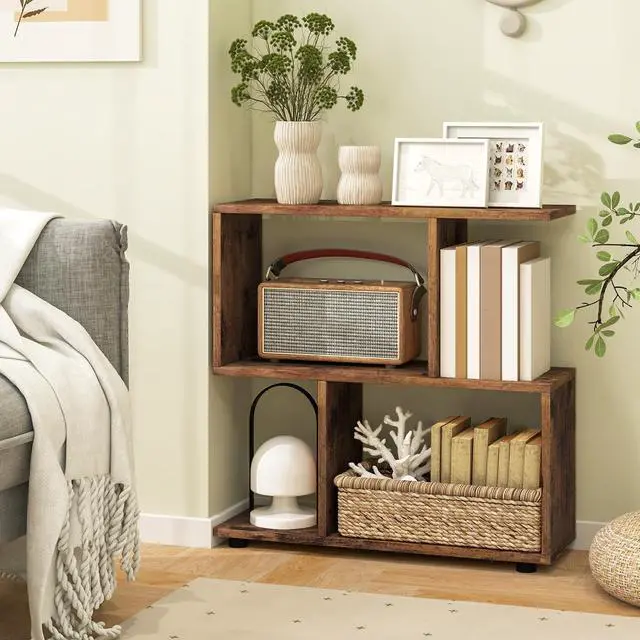Alt view image 6 of 6 - 3-Tier Geometric Bookshelf Set of 2, S-Shaped Open Bookcase, Freestanding Decorative Storage Shelving, Home Storage Organizer for Living Room, Bedroom, Home Office (2, Rustic Brown)