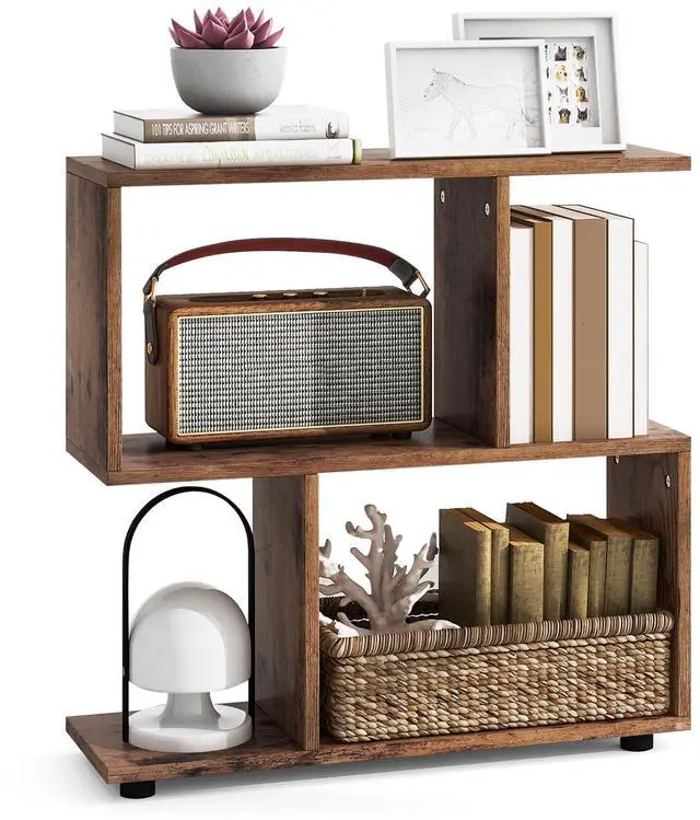 Main image of 3-Tier Geometric Bookshelf, S-Shaped Open Bookcase, Freestanding Decorative Storage Shelving, Home Storage Organizer for Living Room, Bedroom, Home Office (1, Rustic Brown)