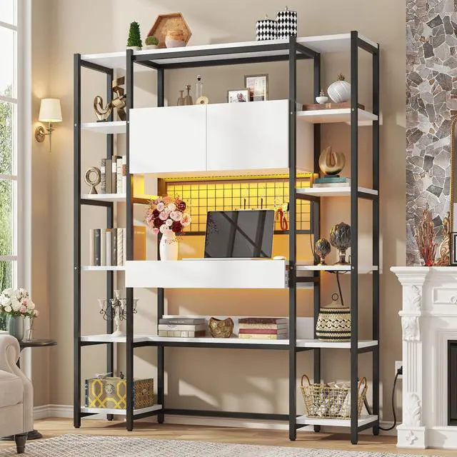 Main image of Triple Width 5 Tier Bookshelf with Sorage Cabinet,70.87"large Bookshelf with 12 Open Display Shelves,Industrial Bookshelf LED Lighting and Power Outlet.Suitable for Office Bedroom, Black+White