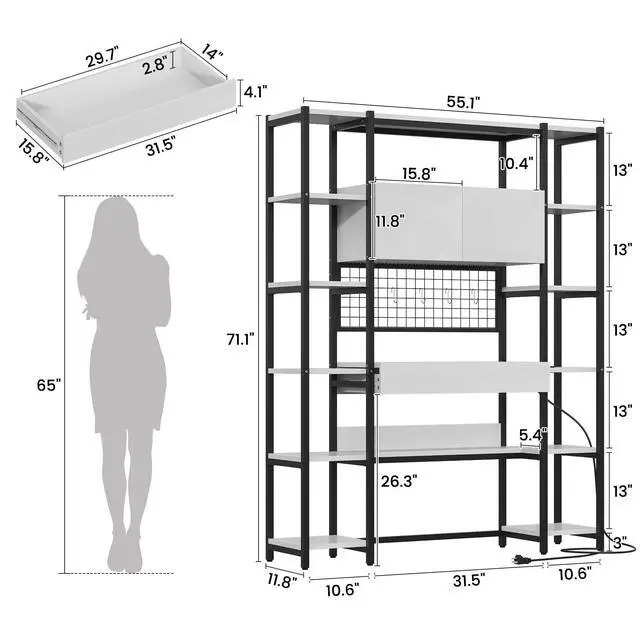 Alt view image 2 of 6 - Triple Width 5 Tier Bookshelf with Sorage Cabinet,70.87"large Bookshelf with 12 Open Display Shelves,Industrial Bookshelf LED Lighting and Power Outlet.Suitable for Office Bedroom, Black+White