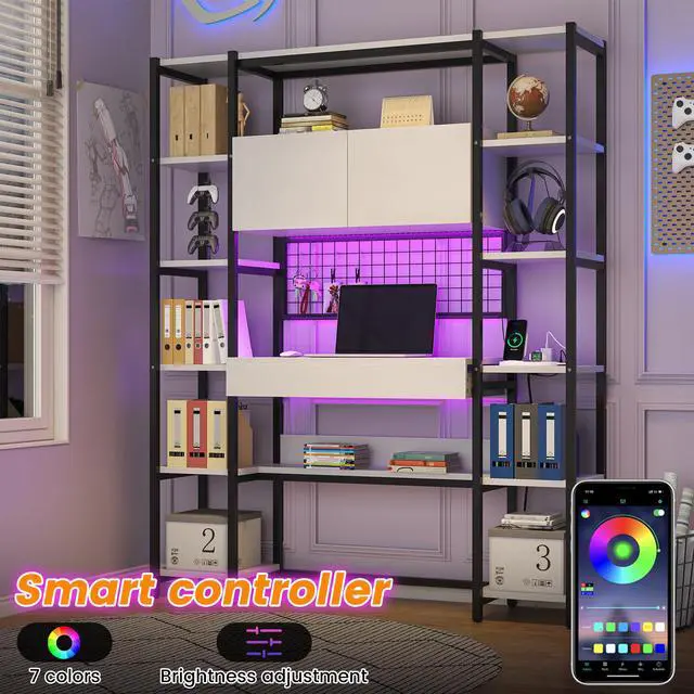 Alt view image 3 of 6 - Triple Width 5 Tier Bookshelf with Sorage Cabinet,70.87"large Bookshelf with 12 Open Display Shelves,Industrial Bookshelf LED Lighting and Power Outlet.Suitable for Office Bedroom, Black+White