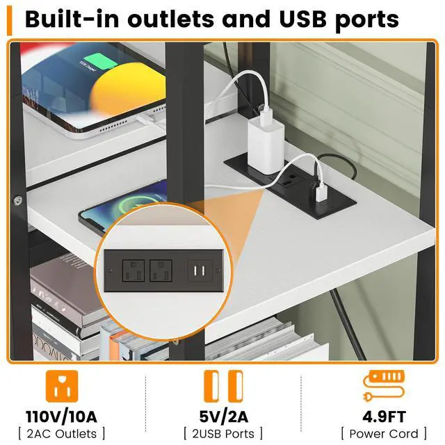 Alt view image 4 of 6 - Triple Width 5 Tier Bookshelf with Sorage Cabinet,70.87"large Bookshelf with 12 Open Display Shelves,Industrial Bookshelf LED Lighting and Power Outlet.Suitable for Office Bedroom, Black+White