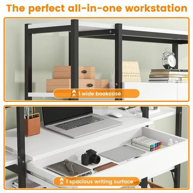 Alt view image 5 of 6 - Triple Width 5 Tier Bookshelf with Sorage Cabinet,70.87"large Bookshelf with 12 Open Display Shelves,Industrial Bookshelf LED Lighting and Power Outlet.Suitable for Office Bedroom, Black+White