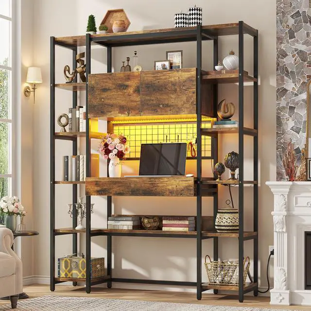 Main image of Triple Width 5 Tier Bookcase with Storage Cabinet,70.87" Modern Tall Bookshelf with 12 Open Display Shelves, Storage Cabinet, LED Lighting and Power Outlet. Suitable for Office Bedroom.Brown