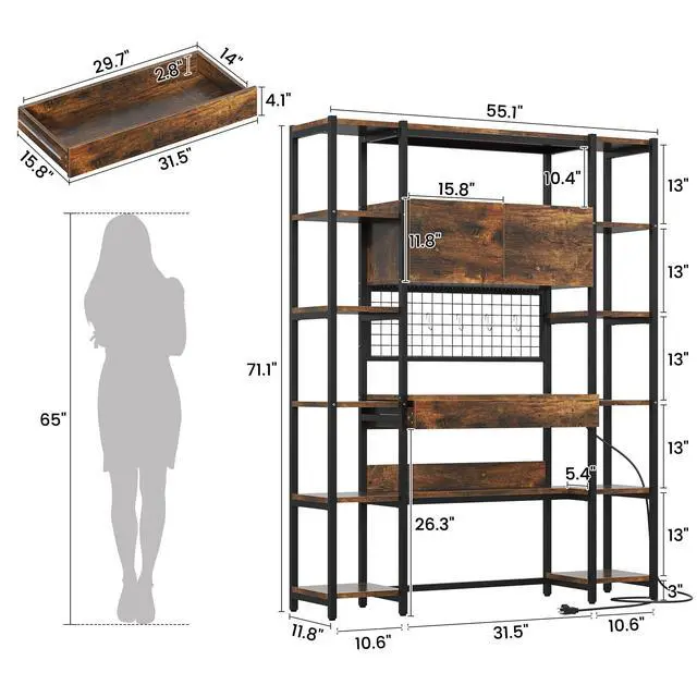 Alt view image 2 of 6 - Triple Width 5 Tier Bookcase with Storage Cabinet,70.87" Modern Tall Bookshelf with 12 Open Display Shelves, Storage Cabinet, LED Lighting and Power Outlet. Suitable for Office Bedroom.Brown