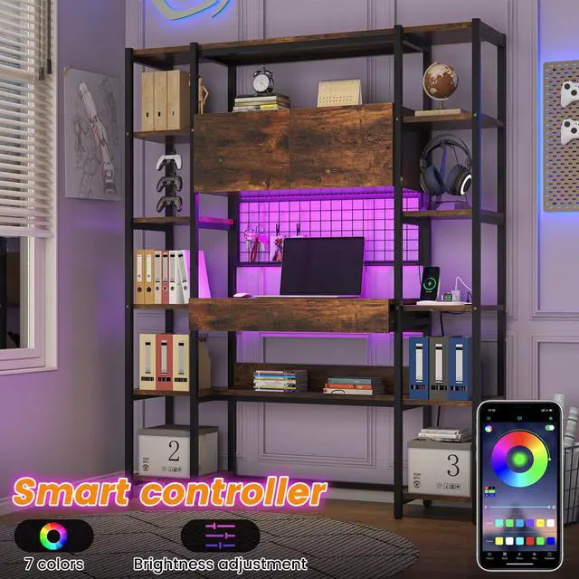 Alt view image 5 of 6 - Triple Width 5 Tier Bookcase with Storage Cabinet,70.87" Modern Tall Bookshelf with 12 Open Display Shelves, Storage Cabinet, LED Lighting and Power Outlet. Suitable for Office Bedroom.Brown