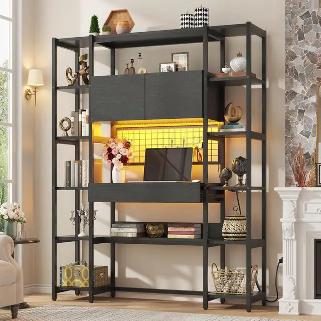 Main image of 5 Tiers Industrial Bookshelf, 70.87" Tall Bookshelves, Bookcase with 2 Doors, 12 Open Shelves, Drawer, Storage Cabinet, LED Light and Power Outlets for Living Room or Home Office, Black