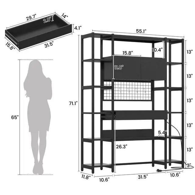 Alt view image 2 of 6 - 5 Tiers Industrial Bookshelf, 70.87" Tall Bookshelves, Bookcase with 2 Doors, 12 Open Shelves, Drawer, Storage Cabinet, LED Light and Power Outlets for Living Room or Home Office, Black