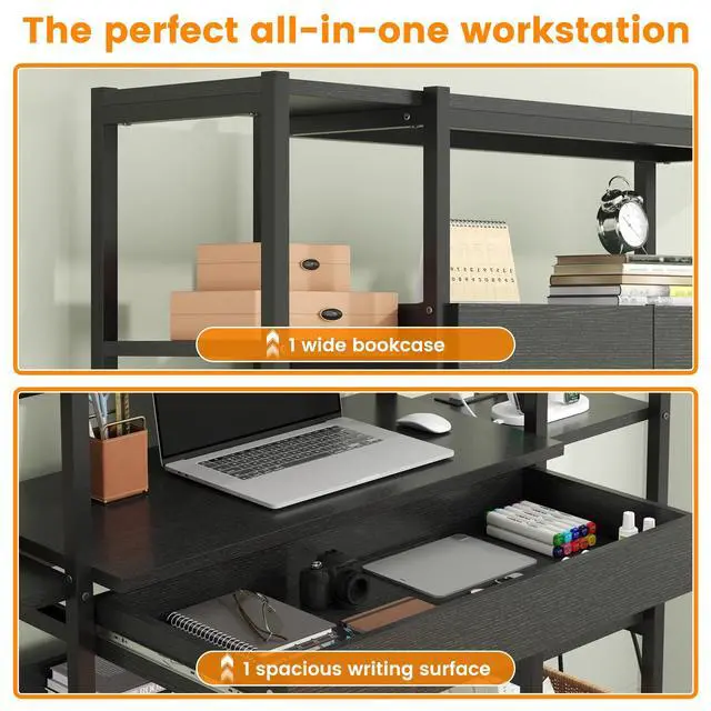 Alt view image 3 of 6 - 5 Tiers Industrial Bookshelf, 70.87" Tall Bookshelves, Bookcase with 2 Doors, 12 Open Shelves, Drawer, Storage Cabinet, LED Light and Power Outlets for Living Room or Home Office, Black