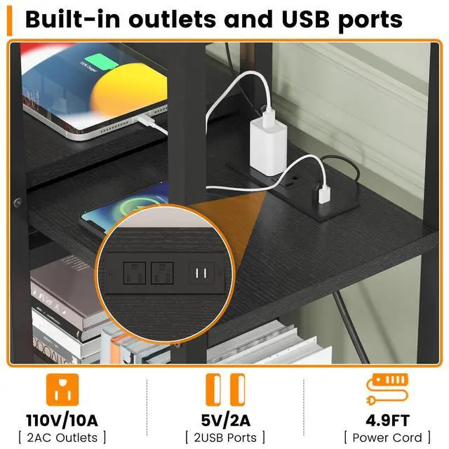 Alt view image 4 of 6 - 5 Tiers Industrial Bookshelf, 70.87" Tall Bookshelves, Bookcase with 2 Doors, 12 Open Shelves, Drawer, Storage Cabinet, LED Light and Power Outlets for Living Room or Home Office, Black