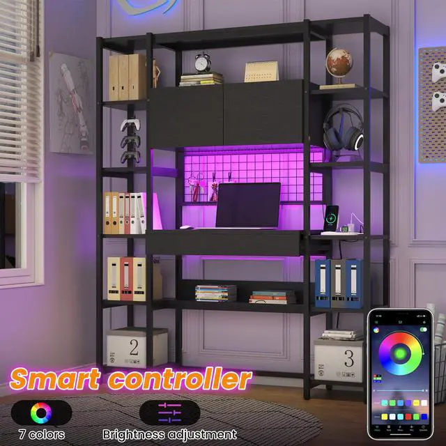 Alt view image 5 of 6 - 5 Tiers Industrial Bookshelf, 70.87" Tall Bookshelves, Bookcase with 2 Doors, 12 Open Shelves, Drawer, Storage Cabinet, LED Light and Power Outlets for Living Room or Home Office, Black