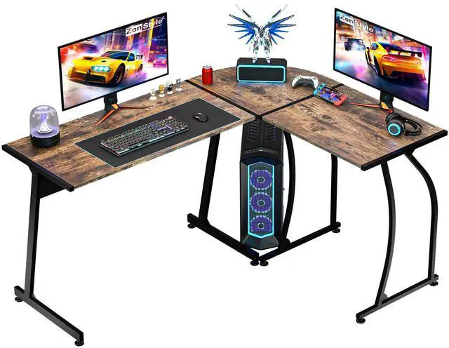 Main image of 55" L-Shaped Corner Computer Desk - Sturdy Steel Frame & Waterproof Surface, Brown Wood Grain Design for Home Office, Gaming & Multipurpose Workstation