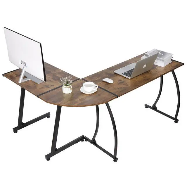 Alt view image 6 of 6 - 55" L-Shaped Corner Computer Desk - Sturdy Steel Frame & Waterproof Surface, Brown Wood Grain Design for Home Office, Gaming & Multipurpose Workstation