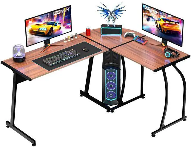 Main image of 55" L-Shaped Corner Computer Desk - Sturdy Steel Frame & Waterproof Surface, Walnut Wood Grain Design for Home Office, Gaming & Multipurpose Workstation