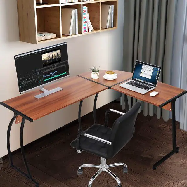 Alt view image 2 of 6 - 55" L-Shaped Corner Computer Desk - Sturdy Steel Frame & Waterproof Surface, Walnut Wood Grain Design for Home Office, Gaming & Multipurpose Workstation