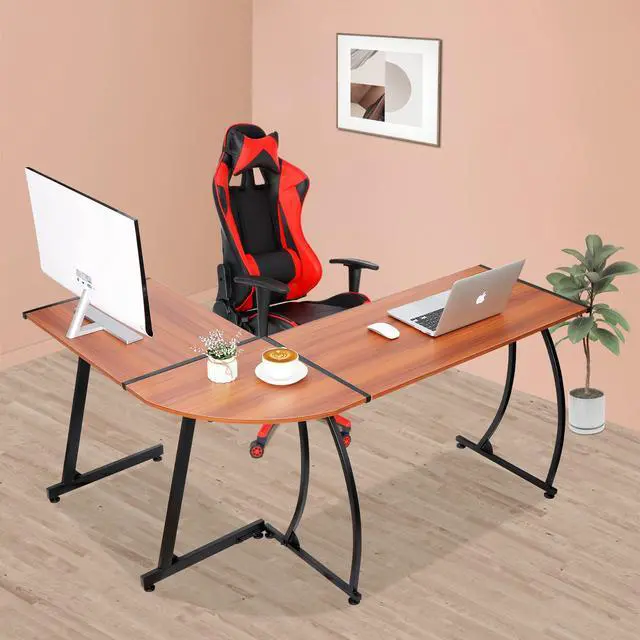 Alt view image 4 of 6 - 55" L-Shaped Corner Computer Desk - Sturdy Steel Frame & Waterproof Surface, Walnut Wood Grain Design for Home Office, Gaming & Multipurpose Workstation
