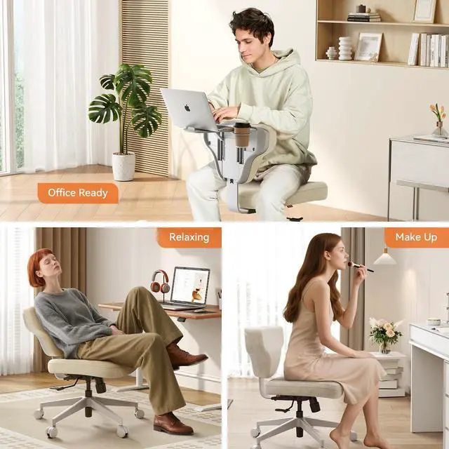 Alt view image 3 of 6 - Freedom-X Criss Cross Office Chair with Wheels & Hideaway Laptop Tray, Ergonomic Chair for Cross Legged Sitting, Home Office, Meditation, Makeup Vanity & ADHD