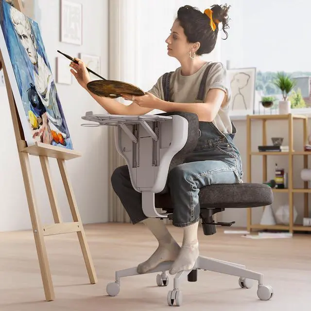 Alt view image 2 of 6 - Criss Cross Legged Office Chair with Hidden Tray, Wide Seat Ergonomic Chair for Home Office, Meditation, Makeup Vanity & Gaming, Comfortable Cross-Legged Sitting Posture