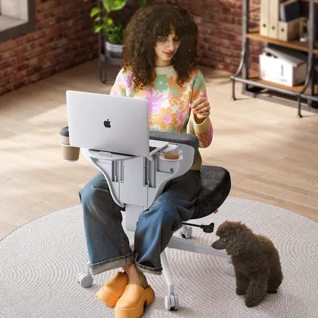 Alt view image 4 of 6 - Criss Cross Legged Office Chair with Hidden Tray, Wide Seat Ergonomic Chair for Home Office, Meditation, Makeup Vanity & Gaming, Comfortable Cross-Legged Sitting Posture