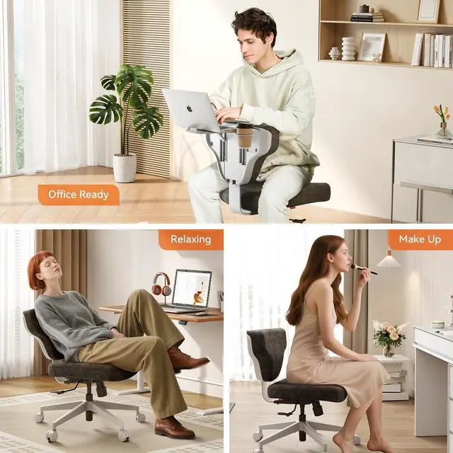 Alt view image 3 of 6 - Freedom-X Criss Cross Office Chair with Wheels & Hideaway Laptop Tray, Ergonomic Chair for Cross Legged Sitting, Home Office, Meditation, Makeup Vanity & ADHD