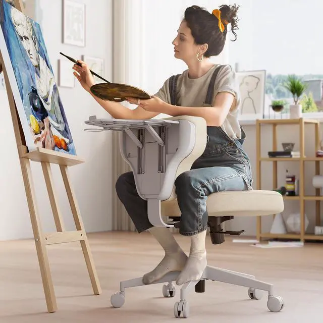 Alt view image 2 of 6 - Criss Cross Legged Office Chair with Hidden Tray, Wide Seat Ergonomic Chair for Home Office, Meditation, Makeup Vanity & Gaming, Comfortable Cross-Legged Sitting Posture