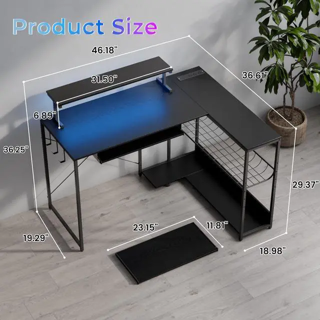 Alt view image 2 of 6 - L Shaped Gaming Desk with Power Outlets & RGB Lights, 46'' L- Shaped Desk Computer Corner Desk with Monitor Stand & Storage Shelf & Hook, Home Office Desk Writing Desk, Black