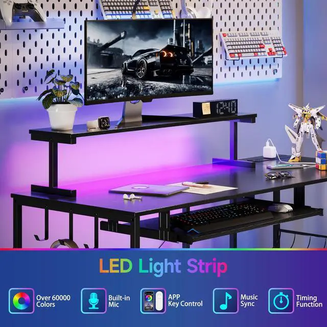 Alt view image 3 of 6 - L Shaped Gaming Desk with Power Outlets & RGB Lights, 46'' L- Shaped Desk Computer Corner Desk with Monitor Stand & Storage Shelf & Hook, Home Office Desk Writing Desk, Black