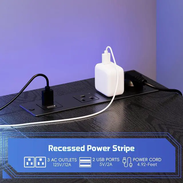 Alt view image 4 of 6 - L Shaped Gaming Desk with Power Outlets & RGB Lights, 46'' L- Shaped Desk Computer Corner Desk with Monitor Stand & Storage Shelf & Hook, Home Office Desk Writing Desk, Black