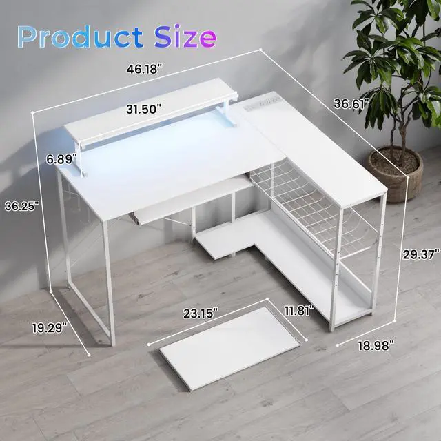 Alt view image 2 of 6 - L Shaped Gaming Desk with Power Outlets & RGB Lights, 46'' L- Shaped Desk Computer Corner Desk with Monitor Stand & Storage Shelf & Hook, Home Office Desk Writing Desk, White