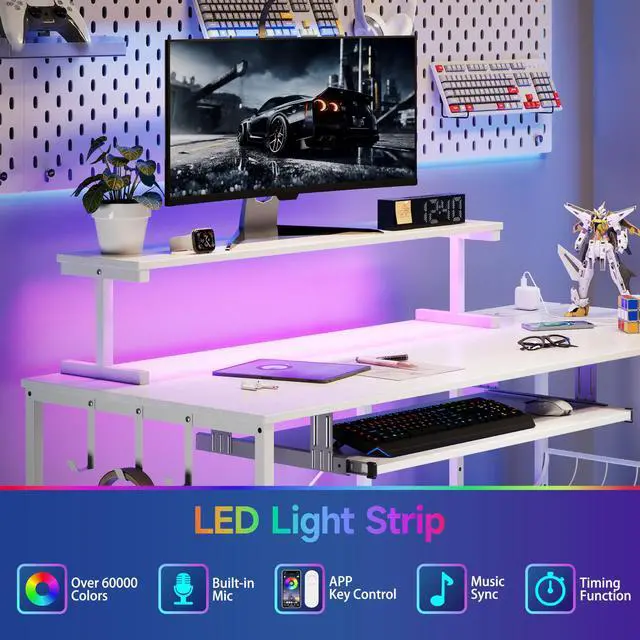 Alt view image 3 of 6 - L Shaped Gaming Desk with Power Outlets & RGB Lights, 46'' L- Shaped Desk Computer Corner Desk with Monitor Stand & Storage Shelf & Hook, Home Office Desk Writing Desk, White