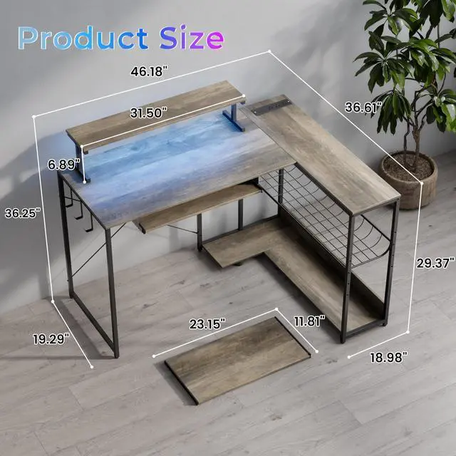 Alt view image 2 of 6 - L Shaped Gaming Desk with Power Outlets & RGB Lights, 46'' L- Shaped Desk Computer Corner Desk with Monitor Stand & Storage Shelf & Hook, Home Office Desk Writing Desk, Grey